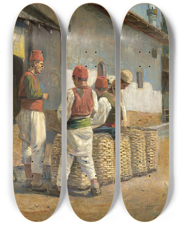 Triptych art skateboard deck of Spiro Bocaric The Laundrymen by Spiro Bocaric (1878-1941)