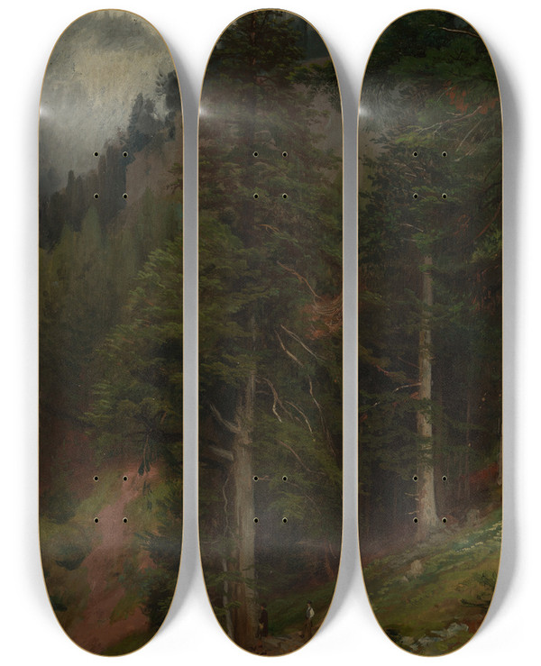 Triptych art skateboard deck of Johann Wilhelm Schirmer Abhang Im Tannenwald by Johann Wilhelm Schirmer (1807-1863)