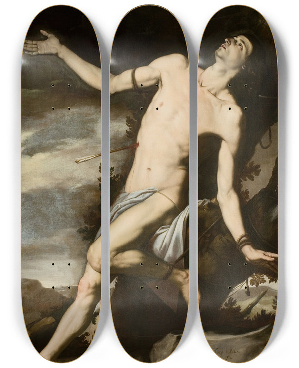 Triptych art skateboard deck of Jusepe De Ribera Saint Sebastian by Jusepe de Ribera (1591-1652)