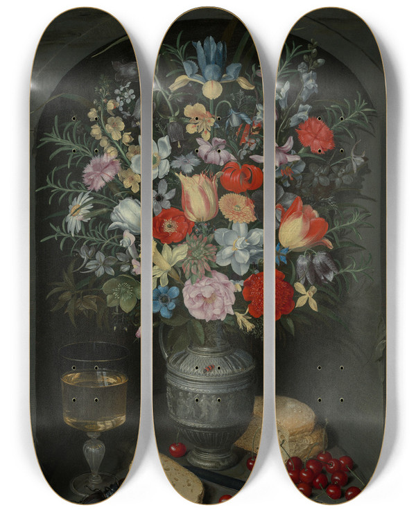 Triptych art skateboard deck of Georg Flegel Blumenstillleben In Einer Nische by Georg Flegel (1566-1638)