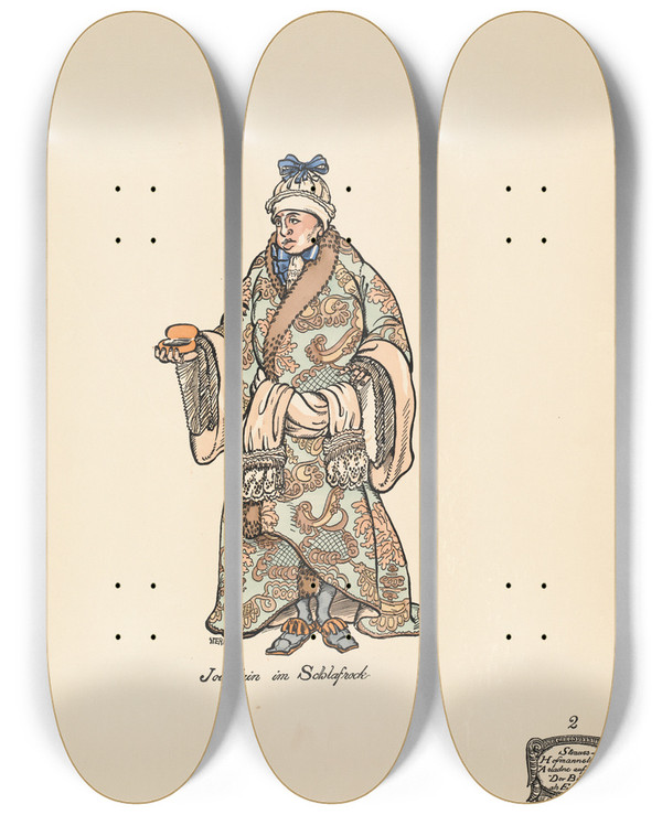 Triptych art skateboard deck of Ernst Stern Jourdain Im Schlafrock by Ernst Stern (1876-1954)