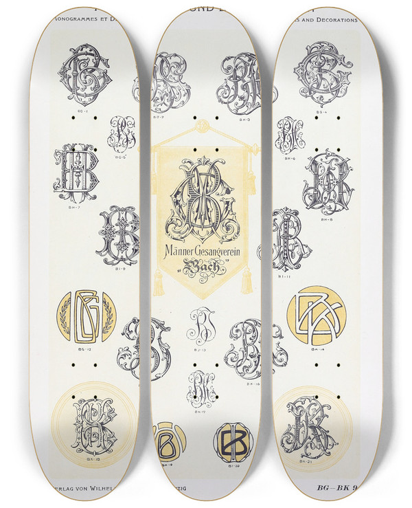 Triptych art skateboard deck of Wilhelm Diebener Monogrammes Und Dekorationen Pl009 by Wilhelm Diebener (1922)