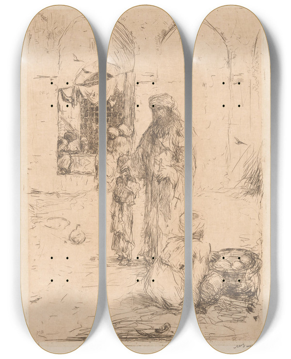 Triptych art skateboard deck of Marius Bauer Blinde Bedelaar by Marius Bauer (1867-1932)