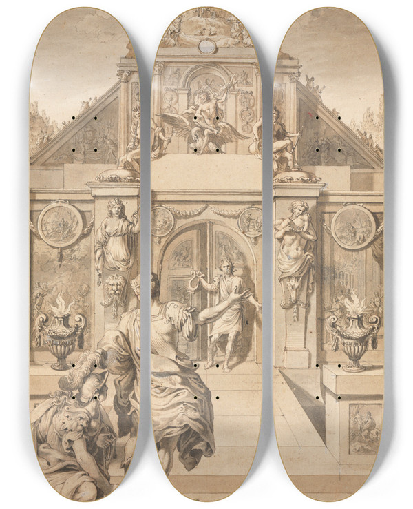 Triptych art skateboard deck of Jan Goeree Perseus And Minerva Before A Temple by Jan Goeree (1670-1731)