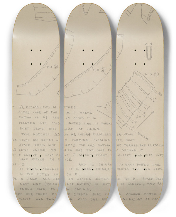 Triptych art skateboard deck of Margaret Concha Description Of A Wedding Dress by Margaret Concha