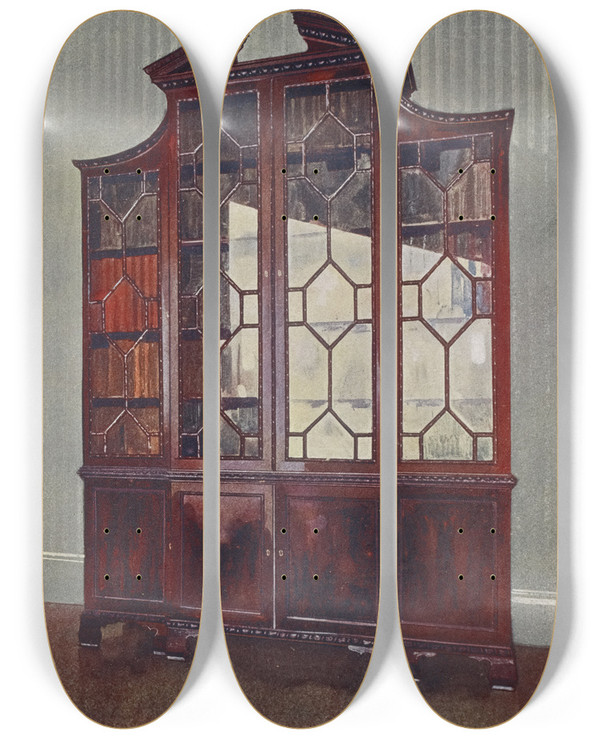 Triptych art skateboard deck of Edwin Foley Carved Chippendale Library Bookcase by Edwin Foley (1859-1912)