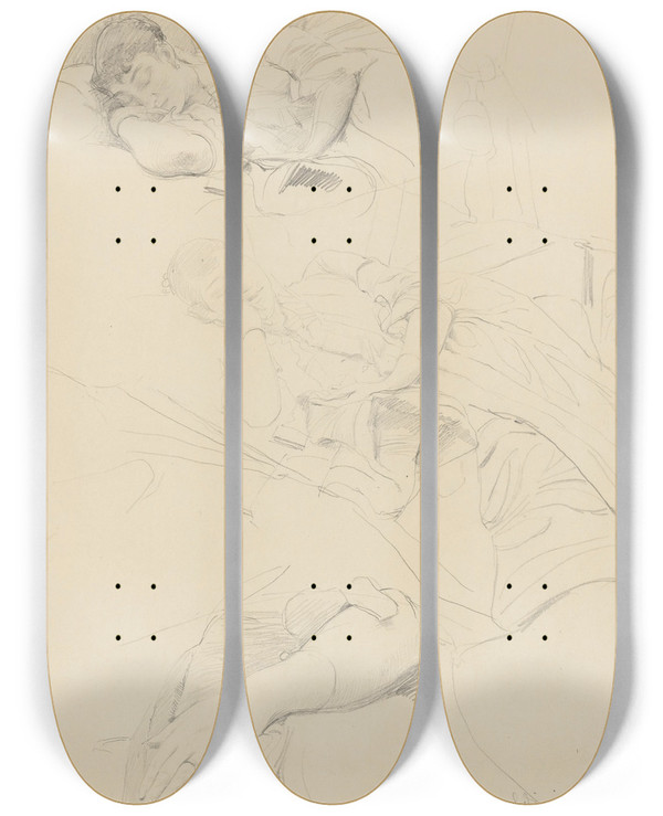 Triptych art skateboard deck of Giovanni Boldini Studies Of A Sleeping Woman by Giovanni Boldini (1842-1931)