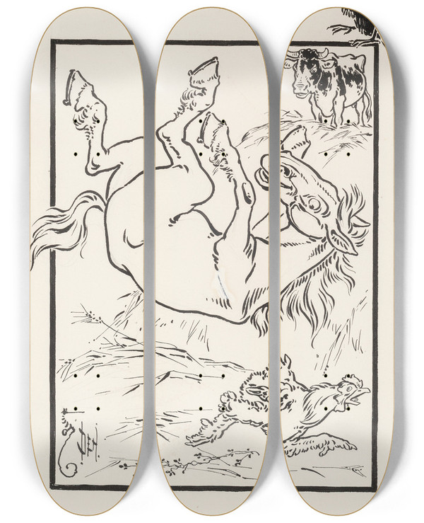 Triptych art skateboard deck of William Wallace Denslow Chicken And The Horse by William Wallace Denslow (1856-1915)