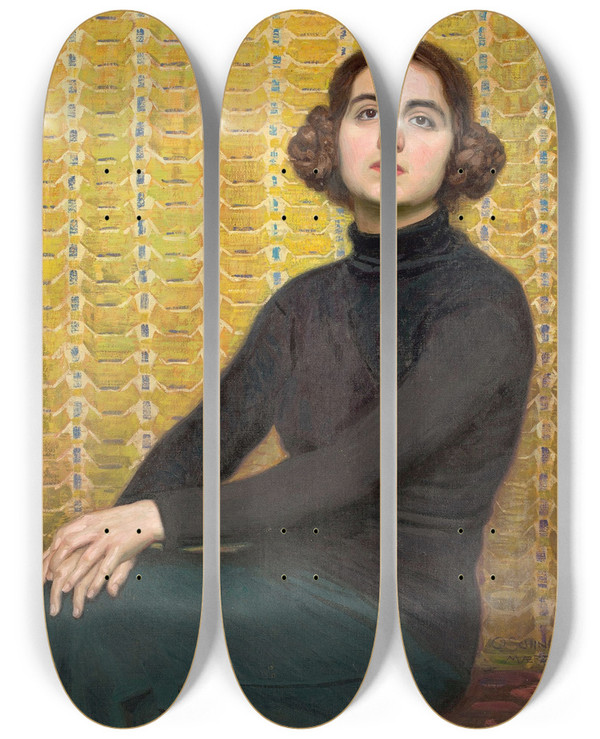 Triptych art skateboard deck of Osmar Schindler Female Model With Yellow Background by Osmar Schindler (1867-1927)