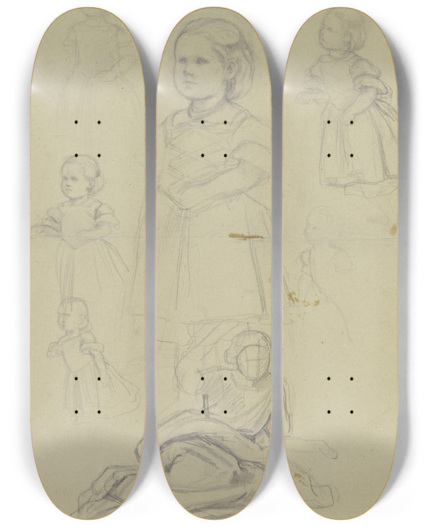 Triptych art skateboard deck of Jakob Becker Studienblatt Stehendes Kleinkind Und Weinleserin by Jakob Becker (1810-1872)