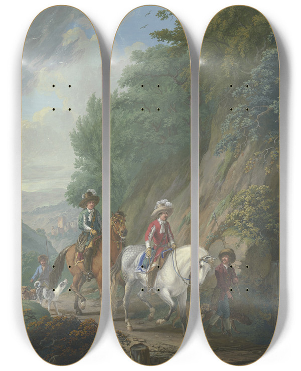 Triptych art skateboard deck of Johann Georg Pforr Ein Rotgekleideter Kavalier Auf Einem Schimmel Mit Gefolge Reitet Auf Einem Steilen Bergweg Ber Eine Holzbrcke Bei Einem Wasserfall by Johann Georg Pforr (1745-1798)