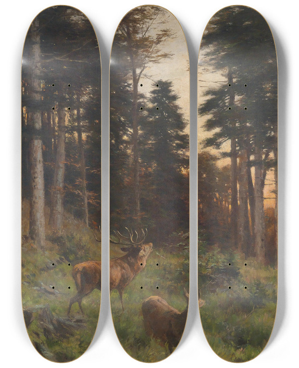 Triptych art skateboard deck of Franz Xaver Von Pausinger Rotwild In Der Abenddmmerung by Franz Xaver von Pausinger (1839-1915)