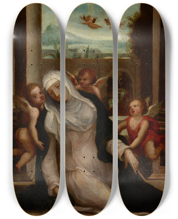 Triptych art skateboard deck of Sodoma The Ecstasy Of Saint Catherine Ofsiena by Sodoma (1477-1549)
