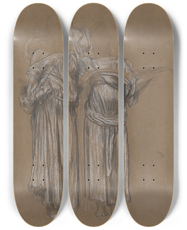 Triptych art skateboard deck of Frederic Leighton Study Of Three Standing Draped Female Figures For Music by Frederic Leighton (1830-1896)