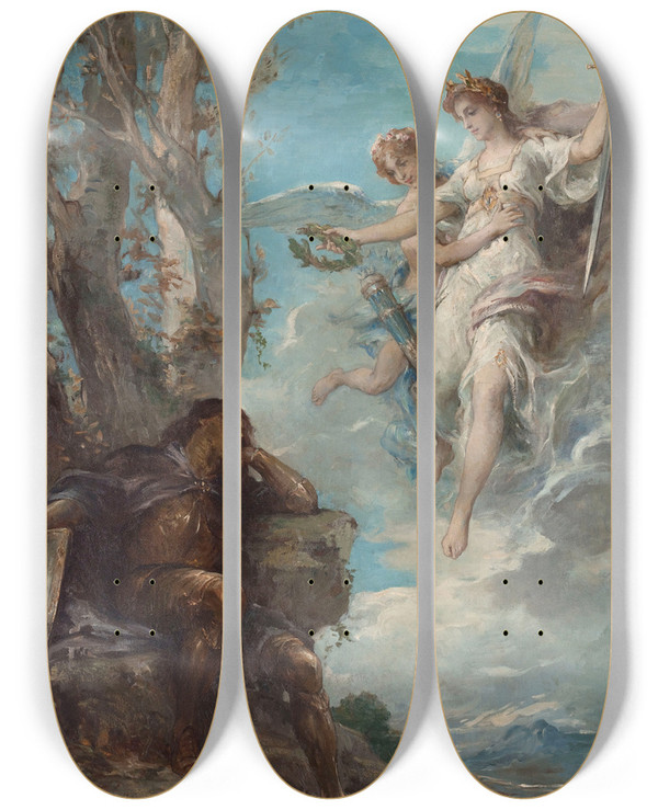 Triptych art skateboard deck of Henri Leopold Lvy The Knights Dream by Henri Leopold Levy (1840-1904)
