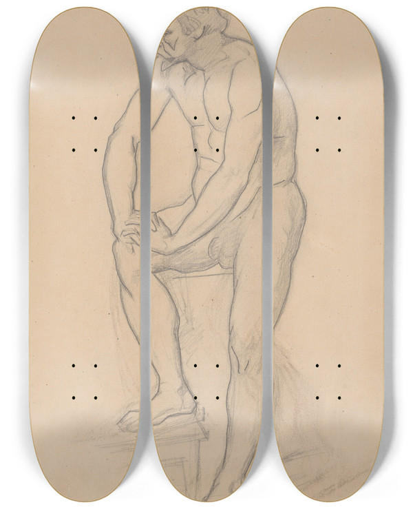 Triptych art skateboard deck of Jzef Simmler Study Of The King Figure For The Painting Death Of Barbara Radziwi Nude Variant_1 by Jozef Simmler (1823-1868)