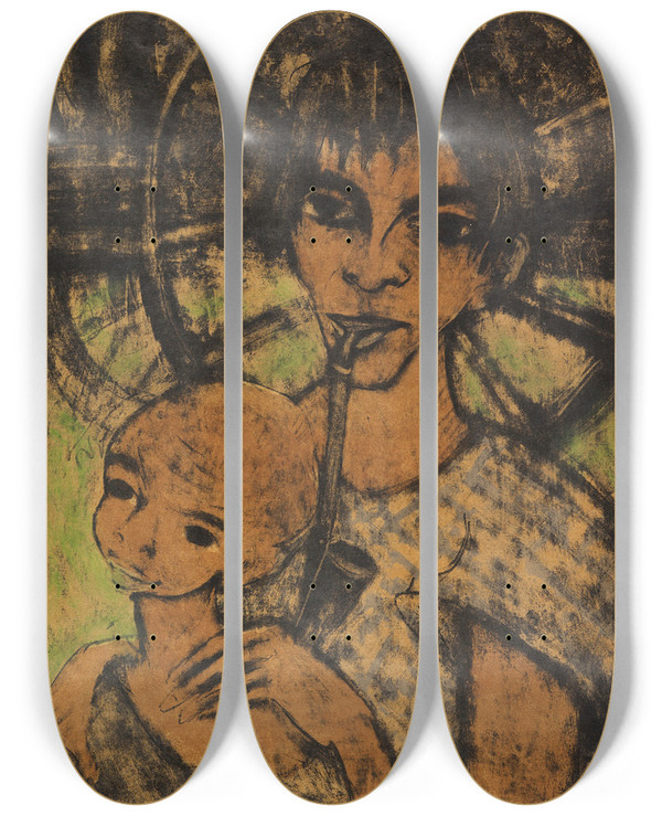 Triptych art skateboard deck of Otto Mueller Zigeunermadonna Zigeunerin Mit Kind Vorm Wagenrad by Otto Mueller (1874-1930)