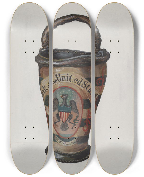 Triptych art skateboard deck of Stewart Wheeler Fire Bucket by Stewart Wheeler
