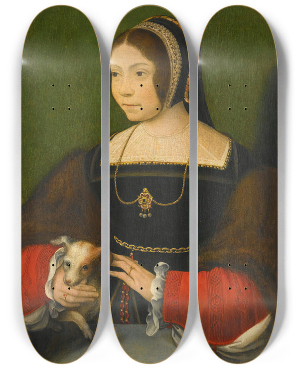 Triptych art skateboard deck of Flemish School Portrait Of A Lady With A Small Dog by Flemish School