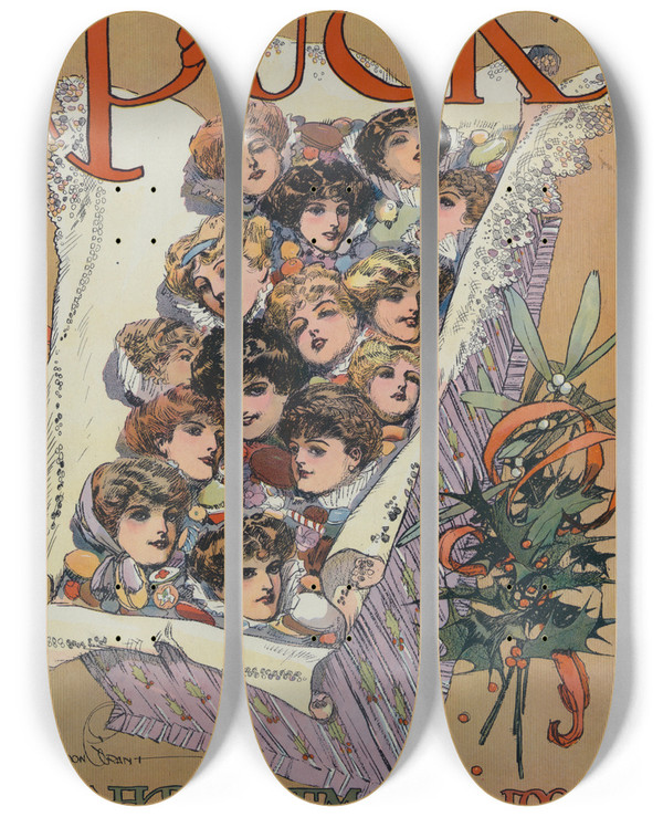 Triptych art skateboard deck of Gordon Grant Puck Christmas 1909 by Gordon Grant (1875-1962)