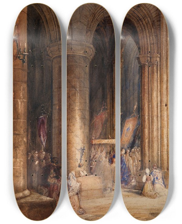 Triptych art skateboard deck of Henry Warren The Procession Of The Host by Henry Warren