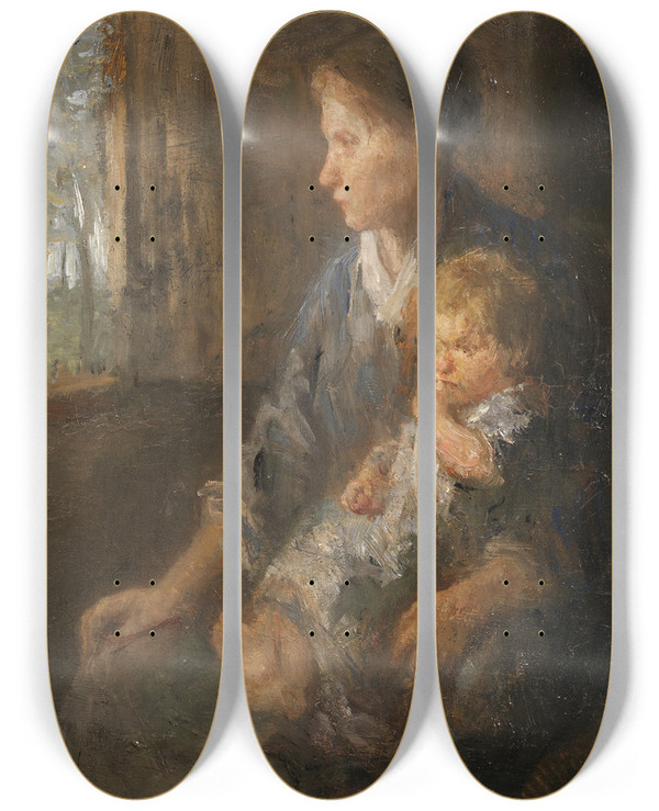 Triptych art skateboard deck of Jozef Israls Op Moeders Schoot by Jozef Israels (1824-1911)