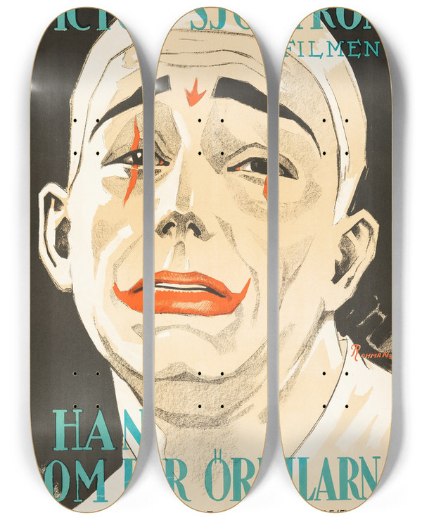 Triptych art skateboard deck of Eric Rohman He Who Gets Slapped by Eric Rohman (1891-1949)