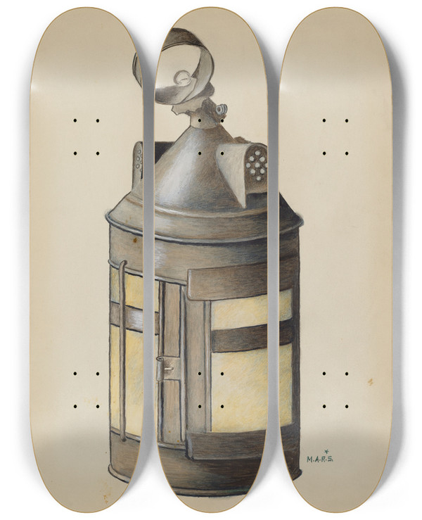 Triptych art skateboard deck of Margaret Stottlemeyer Dormer Window Lantern by Margaret Stottlemeyer