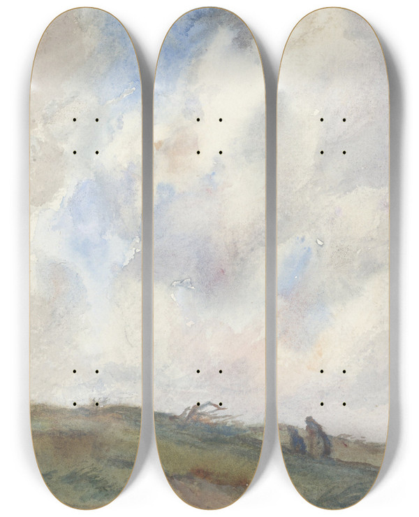 Triptych art skateboard deck of Frans Smissaert Duinlandschap Bij Storm Met Twee Figuren by Frans Smissaert (1862-1944)