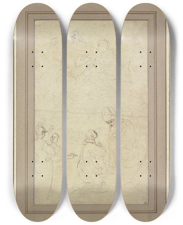Triptych art skateboard deck of Guercino Die Muttergottes In Wolken Unten Ein Geistlicher Vor Einem Bischof Kniend Links Ein Krieger Und Eine Frau by Guercino (1591-1666)