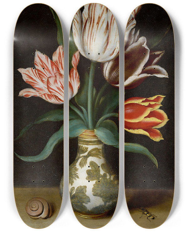 Triptych art skateboard deck of Ambrosius Bosschaert The Elder Still Life Of Four Tulips In A Wanli Porcelain Vase by Ambrosius Bosschaert The Elder (1573-1621)
