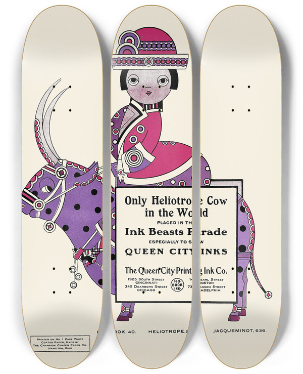Triptych art skateboard deck of Augustus Jansson Queen City Ink Ad 26 by Augustus Jansson (1863-1931)