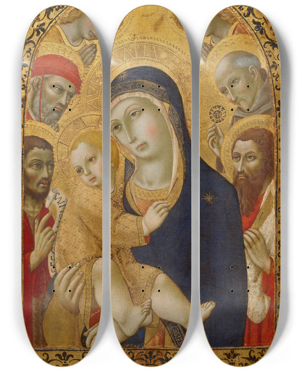 Triptych art skateboard deck of Sano Di Pietro Madonna And Child With Saints Jerome John The Baptist Bernardino And Bartholomew by Sano di Pietro (1406-1481)