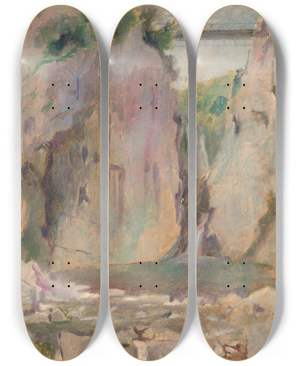 Triptych art skateboard deck of Dezider Czlder Landscape With A Waterfall by Dezider Czolder (1875-1933)
