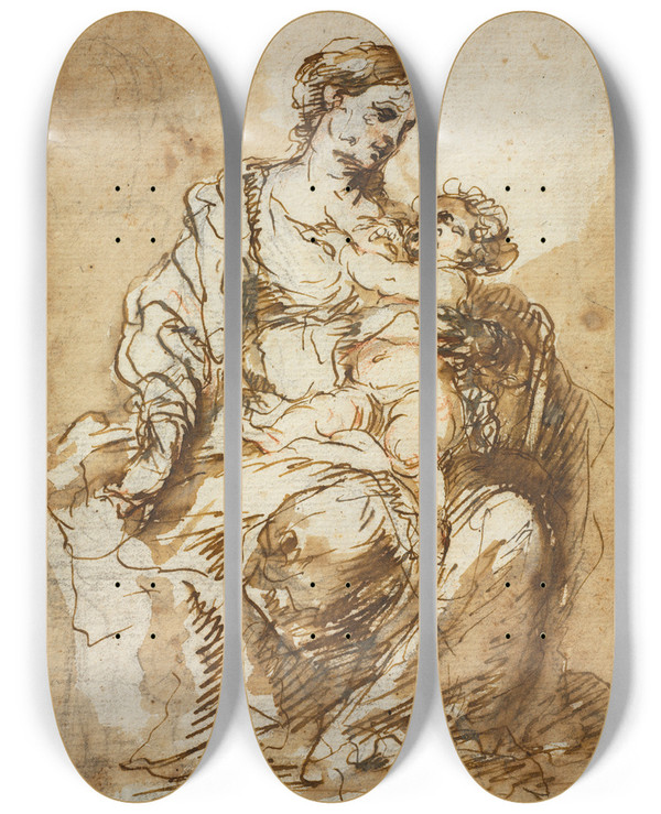 Triptych art skateboard deck of Bartolom Estebn Murillo Madonna Nursing The Christ Child by Bartolome Esteban Murillo (1617-1682)