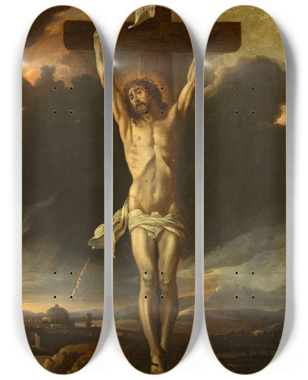 Triptych art skateboard deck of Anton Goubau Christ On The Cross by Anton Goubau (1616-1698)