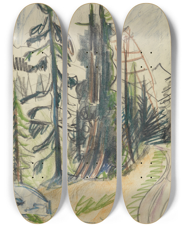 Triptych art skateboard deck of Ernst Ludwig Kirchner Bergtannen Und Weg by Ernst Ludwig Kirchner (1880-1938)