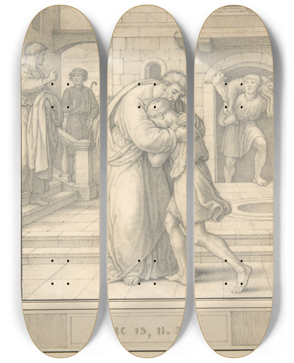 Triptych art skateboard deck of Friedrich Von Olivier Return Of The Prodigal Son by Friedrich Von Olivier (1791-1859)