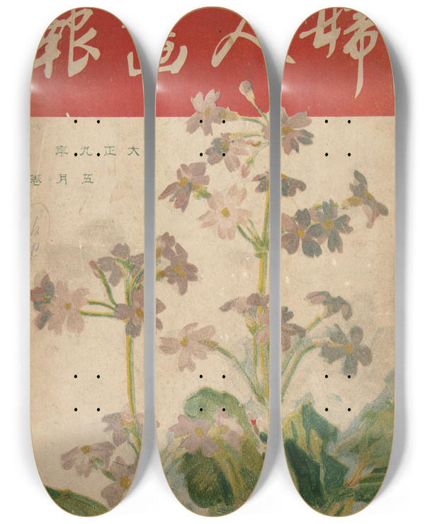 Triptych art skateboard deck of Ishikawa Toraji The Ladys Graphic May 1920 by Ishikawa Toraji