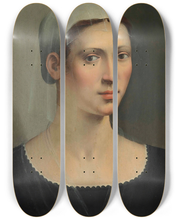 Triptych art skateboard deck of Ridolfo Ghirlandaio Portrait Of A Lady by Ridolfo Ghirlandaio (1483-1561)