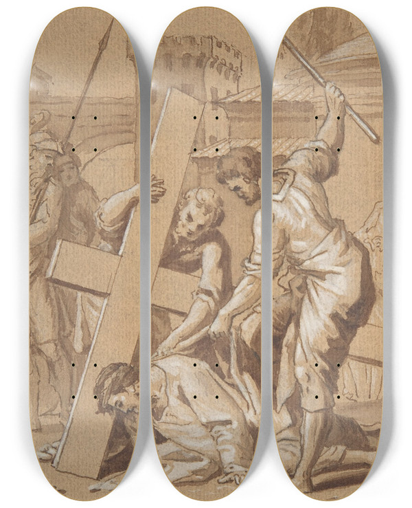 Triptych art skateboard deck of Tadeusz Kuntzekonicz Christ On The Road To Calvary by Tadeusz Kuntze-Konicz (1733-1793)