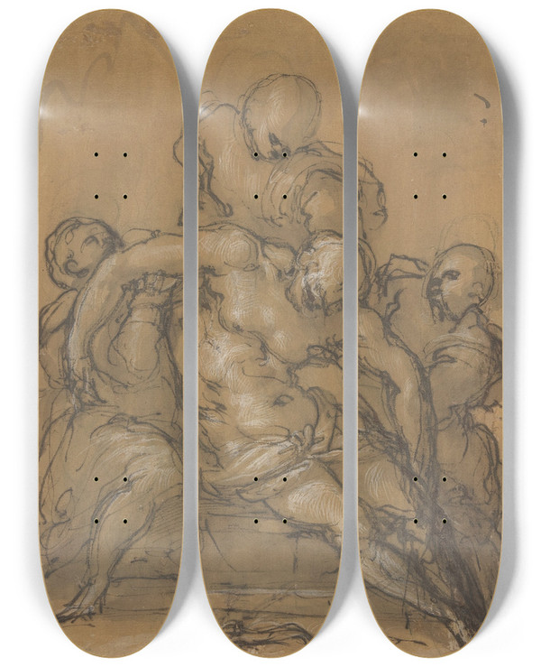 Triptych art skateboard deck of Giovanni Battista Naldini The Dead Christ Supported By Three Figures by Giovanni Battista Naldini (1535-1591)