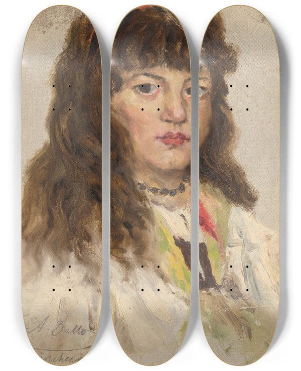 Triptych art skateboard deck of Aurel Ballo Head Study Of Woman With Long Hair by Aurel Ballo (1871-1940)