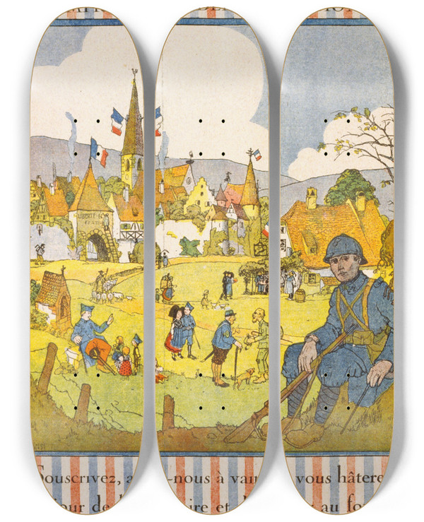 Triptych art skateboard deck of Hansi 2Me Emprunt De La Dfense Nationale Souscrivez Aideznous Vaincre Vous Hterez Le Jour De La Victoire Et Du Retour Au Foyer by Hansi (19-20-)