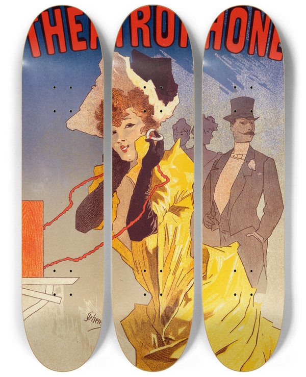 Triptych art skateboard deck of Jules Chret Thtrophone by Jules Cheret (1836-1932)