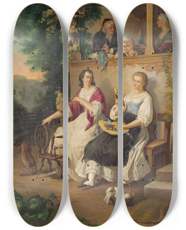 Triptych art skateboard deck of Peter Michal Boh Family Idyll by Peter Michal Bohun (1822-1879)