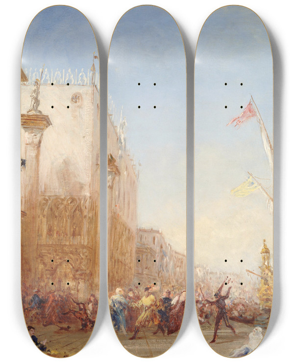 Triptych art skateboard deck of Flix Ziem Carnaval Venise Quai Des Esclavons by Felix Ziem (1821-1911)