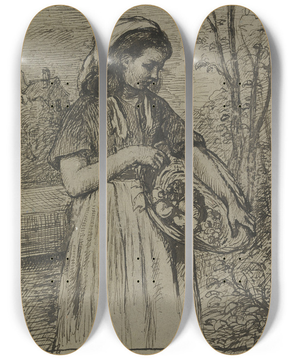 Triptych art skateboard deck of Otto Scholderer Girl With A Fruit Basket by Otto Scholderer (1834-1902)