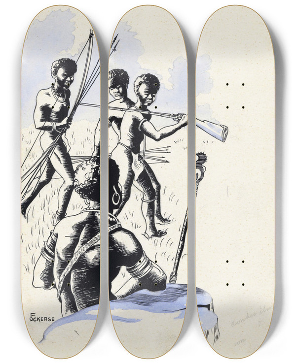 Triptych art skateboard deck of F Ockerse Nieuwguineese Jagers by F Ockerse (20-)