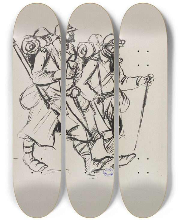 Triptych art skateboard deck of Georges Goursat Sem Deux Soldats Marchant Sur La Droite by Georges Goursat (Sem) (1863-1934)